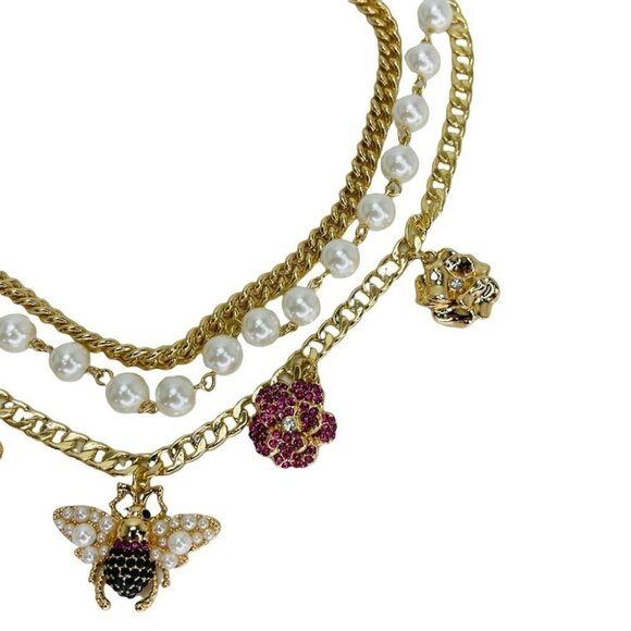 Thalia Sodi Gold Tone Crystal & Imitation Pearl Charm Layer Necklace 16”+3” - Picture 5 of 8